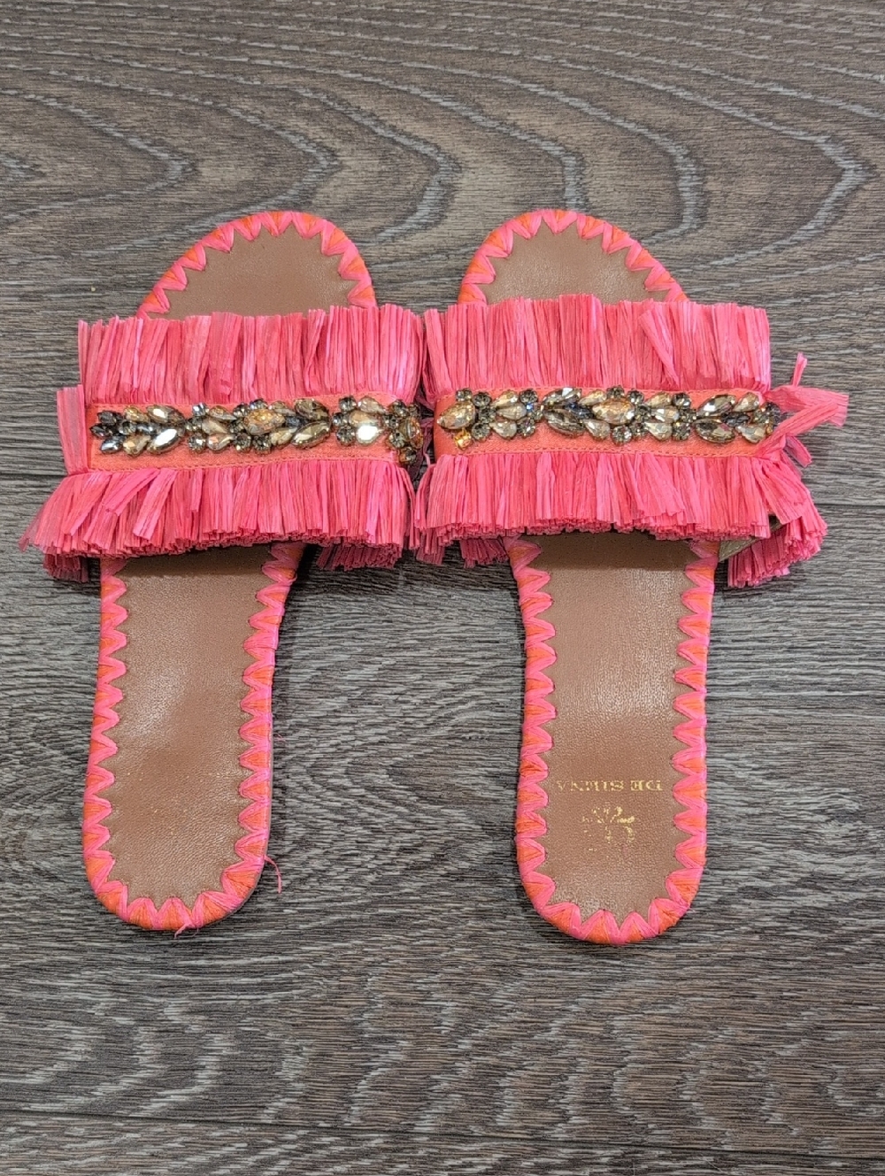 De Siena Embellished Raffia Slide Sandals in Pink